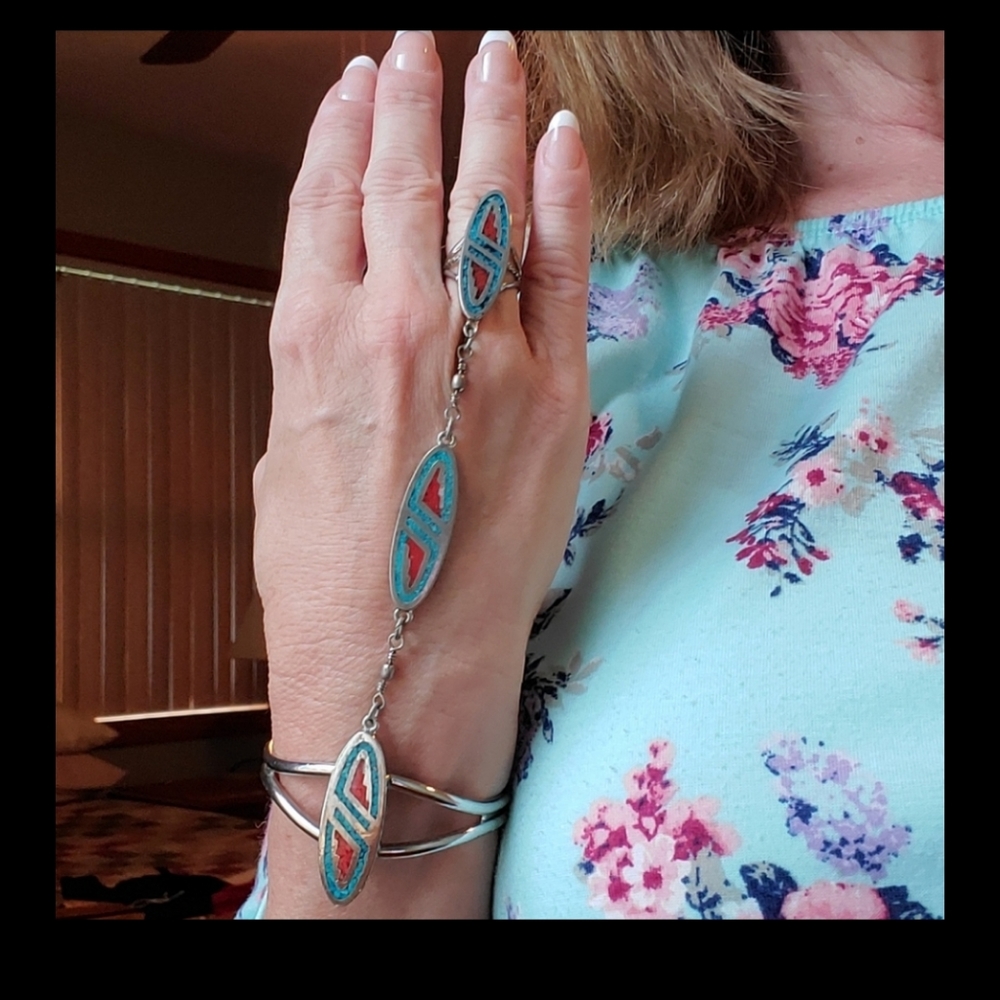 Turquoise, coral and silver gypsy style bracelet